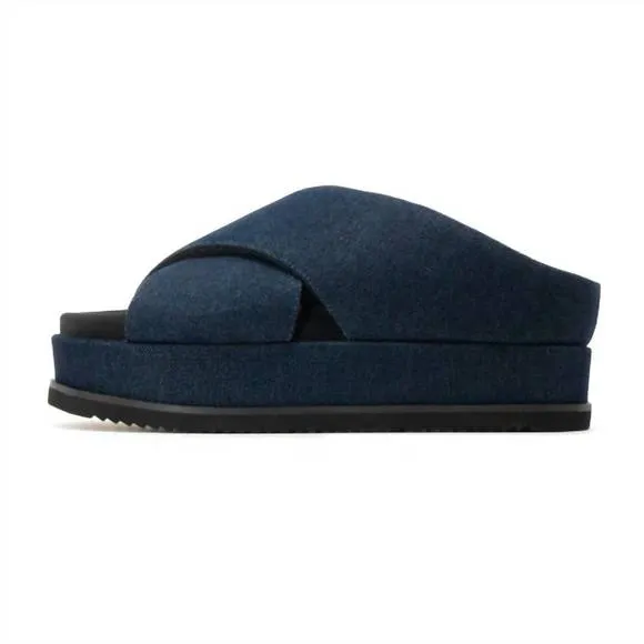 NEW ROAM denim cross stack platform sandals in dark denim