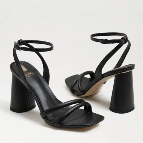 New! Sam Edelman Wide Kia Strappy Black Leather Block High Heel Sandals 8.5W