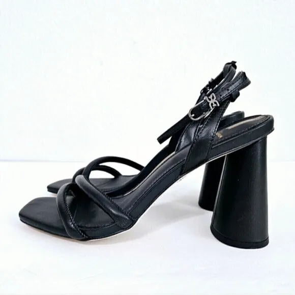 New! Sam Edelman Wide Kia Strappy Black Leather Block High Heel Sandals 8.5W