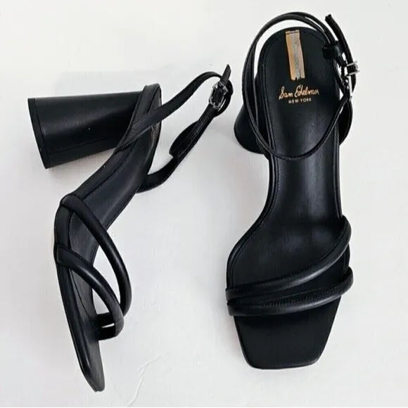 New! Sam Edelman Wide Kia Strappy Black Leather Block High Heel Sandals 8.5W