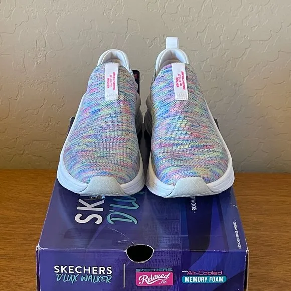 NEW Skechers 6 Rainbow Sky White Multi D'Lux Walker Vegan Slip On Shoe Sneaker