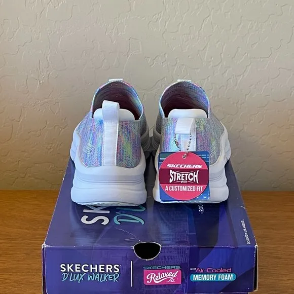 NEW Skechers 6 Rainbow Sky White Multi D'Lux Walker Vegan Slip On Shoe Sneaker