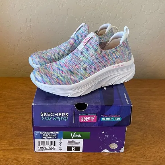 NEW Skechers 6 Rainbow Sky White Multi D'Lux Walker Vegan Slip On Shoe Sneaker