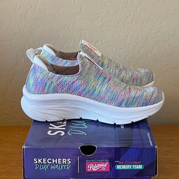 NEW Skechers 6 Rainbow Sky White Multi D'Lux Walker Vegan Slip On Shoe Sneaker
