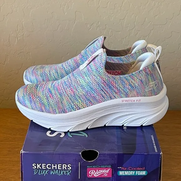 NEW Skechers 6 Rainbow Sky White Multi D'Lux Walker Vegan Slip On Shoe Sneaker