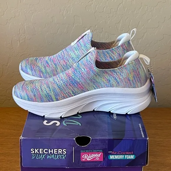 NEW Skechers 6 Rainbow Sky White Multi D'Lux Walker Vegan Slip On Shoe Sneaker