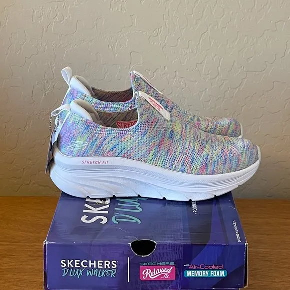 NEW Skechers 6 Rainbow Sky White Multi D'Lux Walker Vegan Slip On Shoe Sneaker