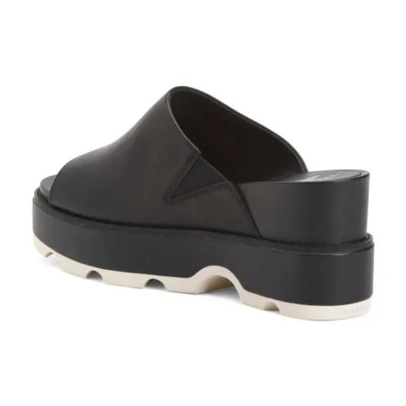 NEW SOREL Leather Joanie Slide Wedge Sandals black/white 563tn