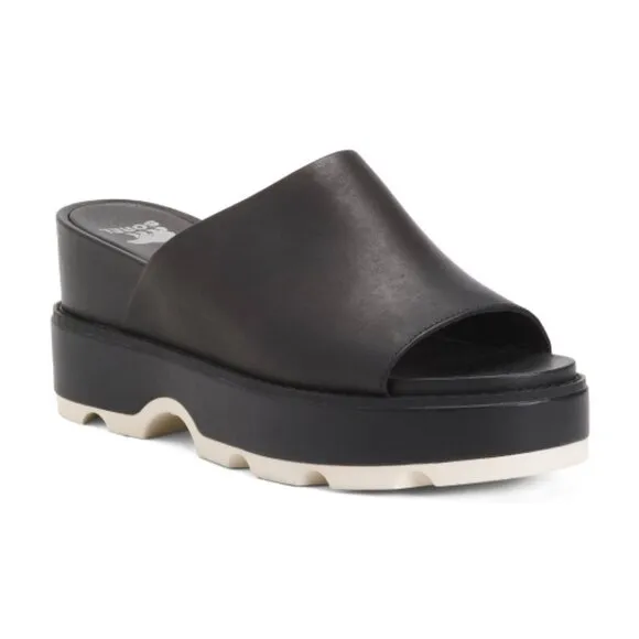 NEW SOREL Leather Joanie Slide Wedge Sandals black/white 563tn