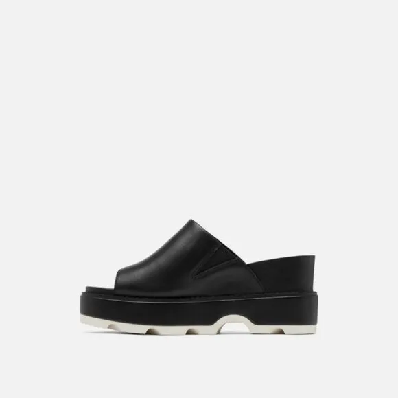 NEW SOREL Leather Joanie Slide Wedge Sandals black/white 563tn