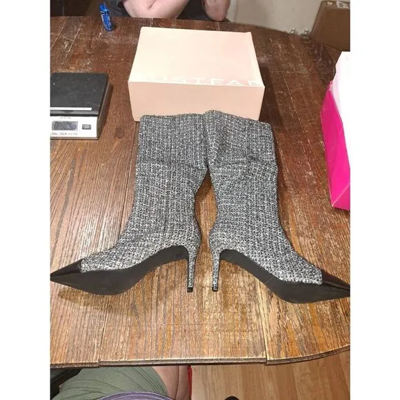 New Size 7 JustFab Black Grey Isabel Cap Toe Stiletto High Heel Long Tall Boots