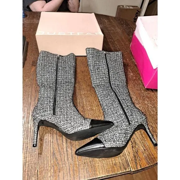 New Size 7 JustFab Black Grey Isabel Cap Toe Stiletto High Heel Long Tall Boots