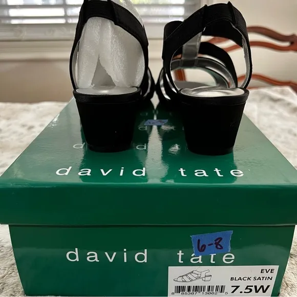 NIB David Tate Black Satin “Eve” Strappy Block Heel Sandals sz 7.5 Wide
