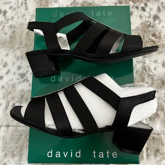 NIB David Tate Black Satin “Eve” Strappy Block Heel Sandals sz 7.5 Wide