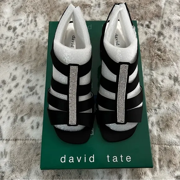 NIB David Tate Black Satin “Eve” Strappy Block Heel Sandals sz 7.5 Wide