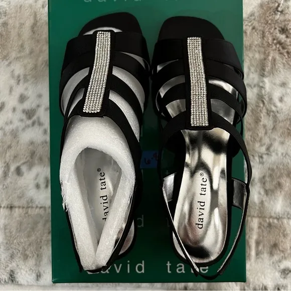 NIB David Tate Black Satin “Eve” Strappy Block Heel Sandals sz 7.5 Wide