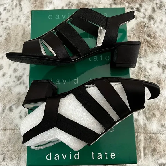NIB David Tate Black Satin “Eve” Strappy Block Heel Sandals sz 7.5 Wide