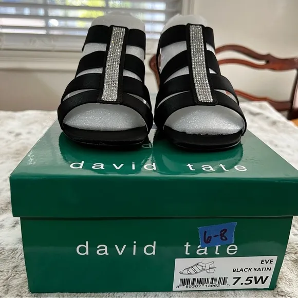 NIB David Tate Black Satin “Eve” Strappy Block Heel Sandals sz 7.5 Wide