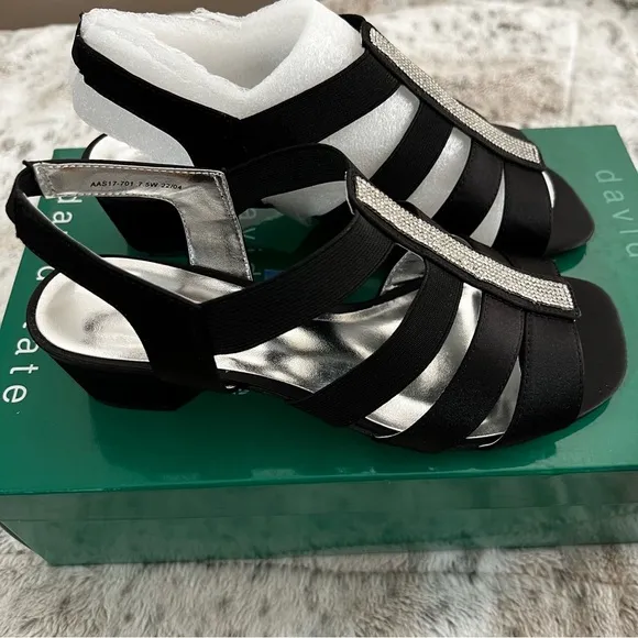 NIB David Tate Black Satin “Eve” Strappy Block Heel Sandals sz 7.5 Wide