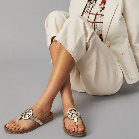 NIB TORY BURCH MILLER CLOUD SPARK GOLD LEATHER CORK SANDALS SIZE 7.5 W BAG