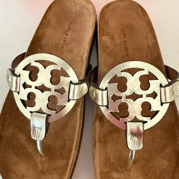 NIB TORY BURCH MILLER CLOUD SPARK GOLD LEATHER CORK SANDALS SIZE 7.5 W BAG
