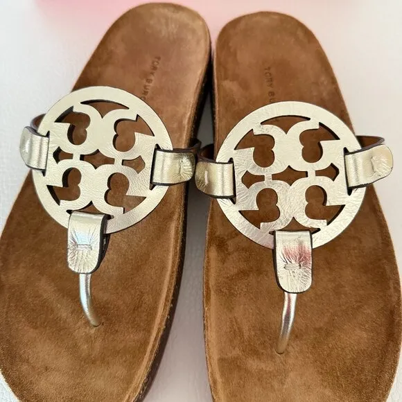 NIB TORY BURCH MILLER CLOUD SPARK GOLD LEATHER CORK SANDALS SIZE 7.5 W BAG