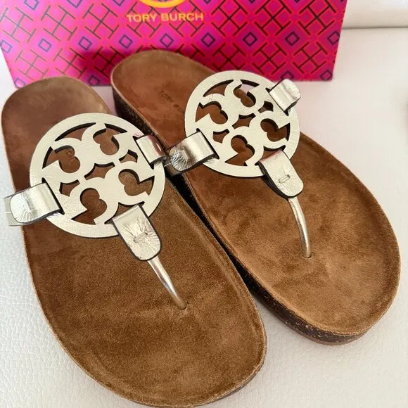NIB TORY BURCH MILLER CLOUD SPARK GOLD LEATHER CORK SANDALS SIZE 7.5 W BAG