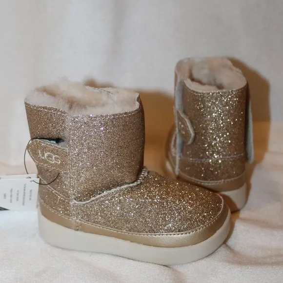 NIB UGG INFANT KEELAN GLITTER GOLD‎ SHEARLING LINED BOOTS