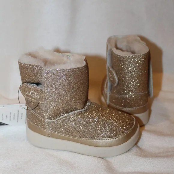 NIB UGG INFANT KEELAN GLITTER GOLD‎ SHEARLING LINED BOOTS