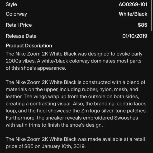 Nike Zoom 2K White/Black AO0354-101 Size 6