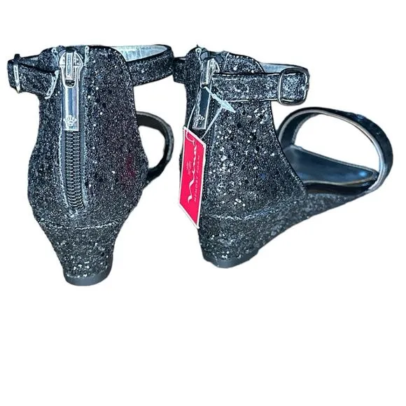 Nina Kristina Black Chunky Glitter Wedge Sandals Girl's 5M New