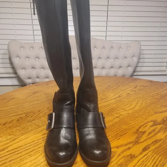 Nine West Black Genuine Leather Buckle Moto Tall Zip Riding Boots