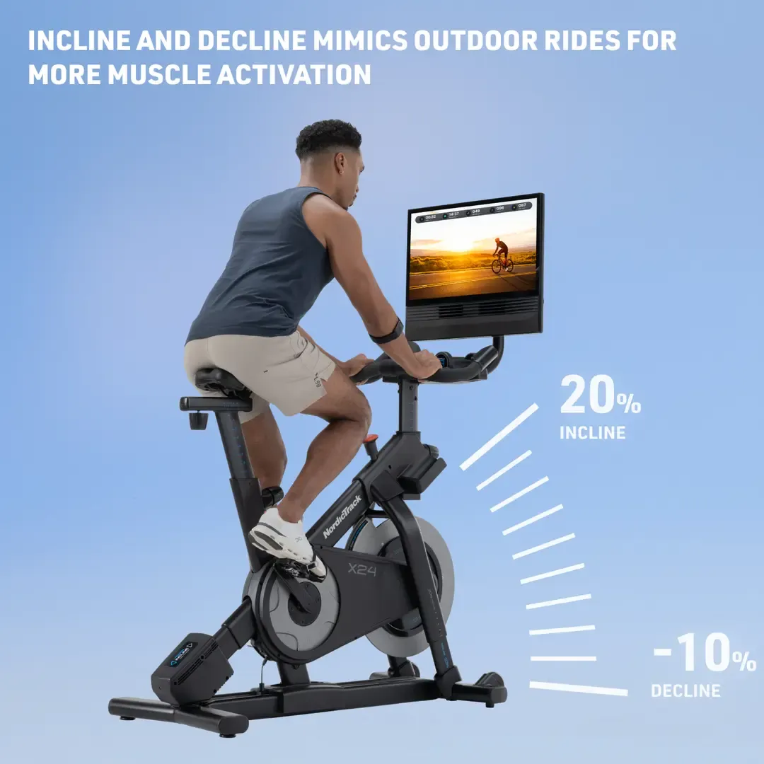 NordicTrack X24 Studio Bike with 20% to -10% gradient and Pivoting 24" Touchscreen.