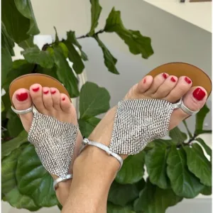 Nordstrom’s, NWT Lola Cruz Ringstone Silver Leather Metallic sandal CHIC