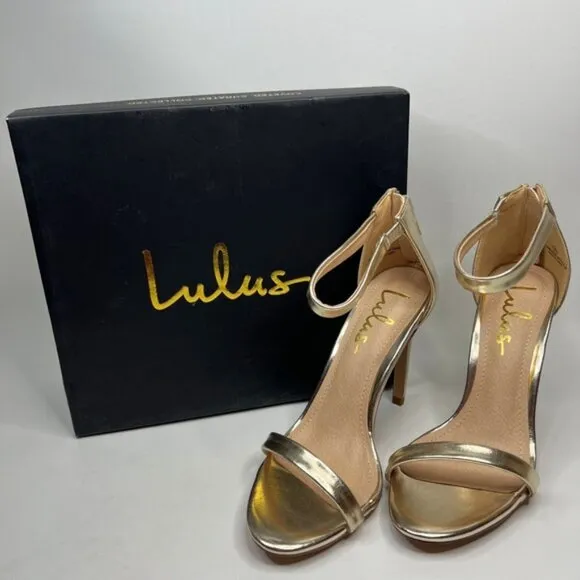 NWB Lulus SEARCH THE STARS Strappy Ankle Strap Stiletto Heel Shiny Sandals Sz 8