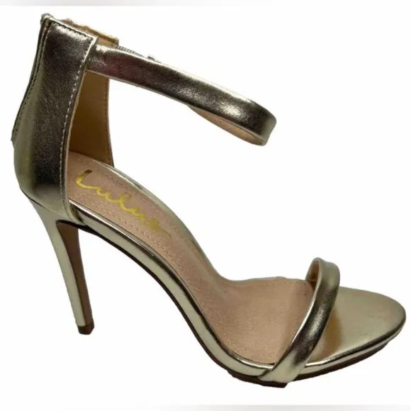 NWB Lulus SEARCH THE STARS Strappy Ankle Strap Stiletto Heel Shiny Sandals Sz 8