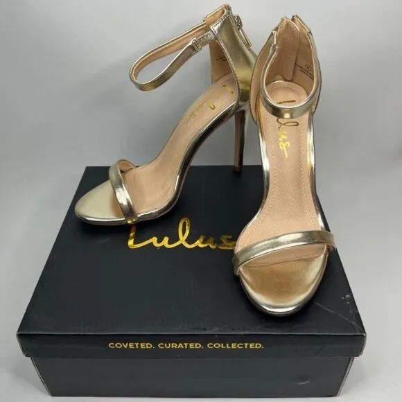 NWB Lulus SEARCH THE STARS Strappy Ankle Strap Stiletto Heel Shiny Sandals Sz 8
