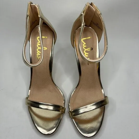 NWB Lulus SEARCH THE STARS Strappy Ankle Strap Stiletto Heel Shiny Sandals Sz 8