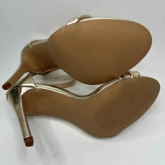 NWB Lulus SEARCH THE STARS Strappy Ankle Strap Stiletto Heel Shiny Sandals Sz 8