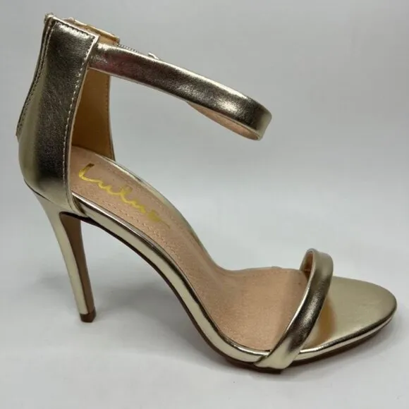 NWB Lulus SEARCH THE STARS Strappy Ankle Strap Stiletto Heel Shiny Sandals Sz 8