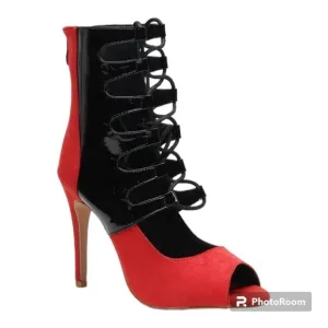NWT BURJU Ryann Lace Up Open Toe Strappy Ankle Boots | red/black 10.5