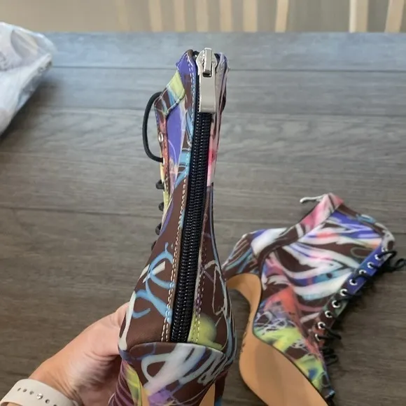 NWT BURJU Sofiya graphic multi color Open Toe Lace Up Ankle Boots | 6 1/2
