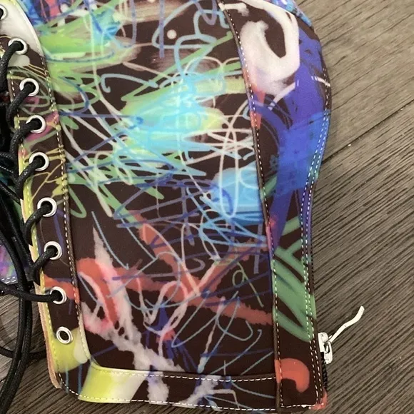 NWT BURJU Sofiya graphic multi color Open Toe Lace Up Ankle Boots | 6 1/2