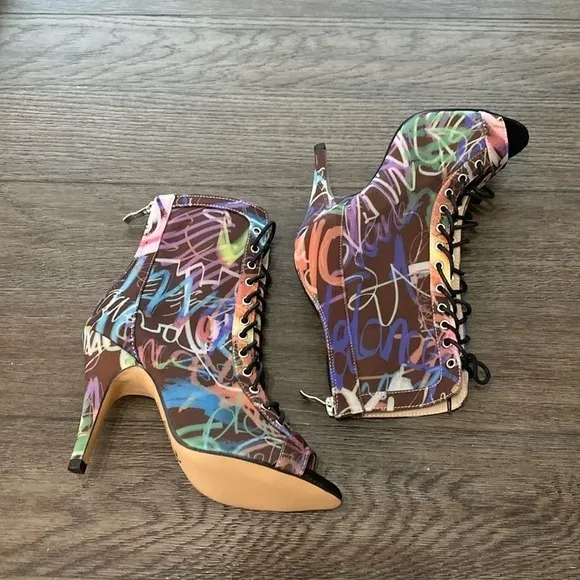NWT BURJU Sofiya graphic multi color Open Toe Lace Up Ankle Boots | 6 1/2