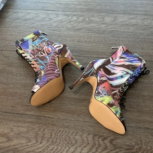 NWT BURJU Sofiya graphic multi color Open Toe Lace Up Ankle Boots | 6 1/2