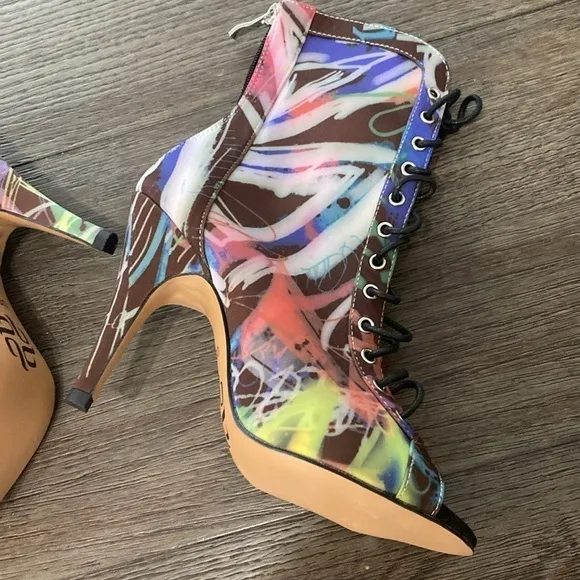 NWT BURJU Sofiya graphic multi color Open Toe Lace Up Ankle Boots | 6 1/2