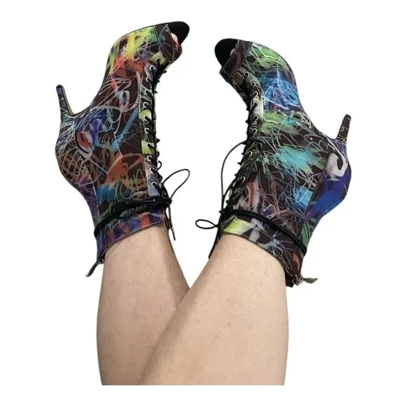 NWT BURJU Sofiya graphic multi color Open Toe Lace Up Ankle Boots | 6 1/2
