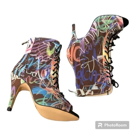NWT BURJU Sofiya graphic multi color Open Toe Lace Up Ankle Boots | 6 1/2