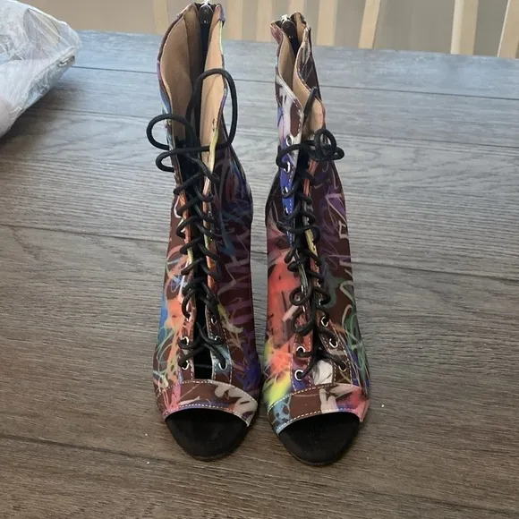 NWT BURJU Sofiya graphic multi color Open Toe Lace Up Ankle Boots | 6 1/2