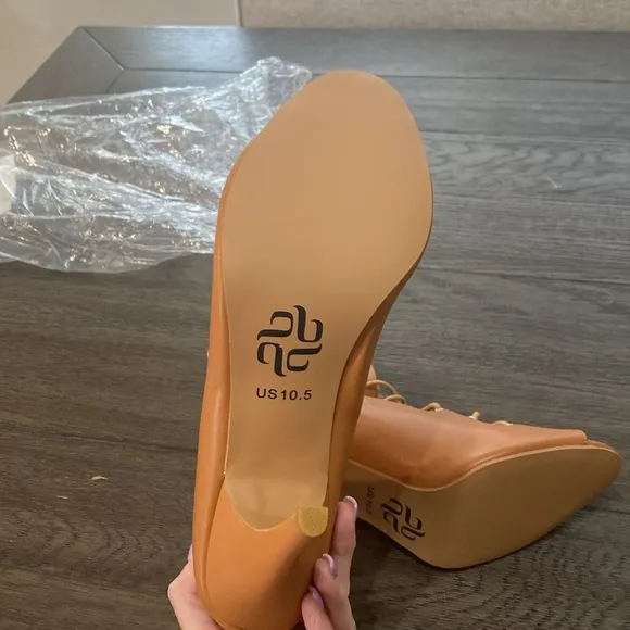 NWT BURJU Sofiya Nude Open Toe Lace Up Ankle Boots | Size 10.5